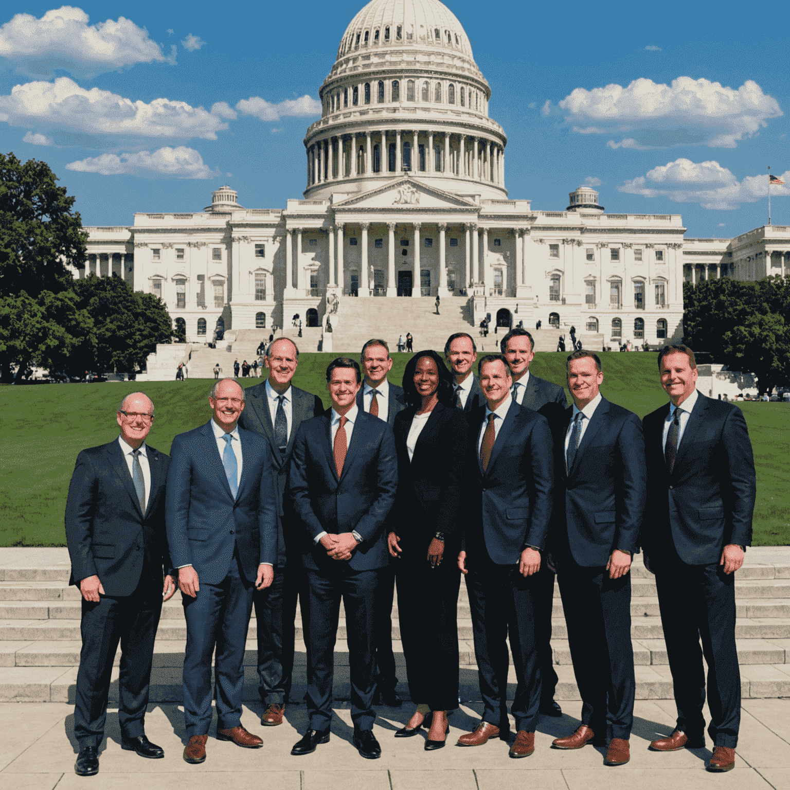 The Wingtontrust team standing in front of the United States Capitol building in Washington, D.C. The image shows a diverse group of professional journalists and political analysts, dressed in formal attire, with the iconic dome of the Capitol in the background.