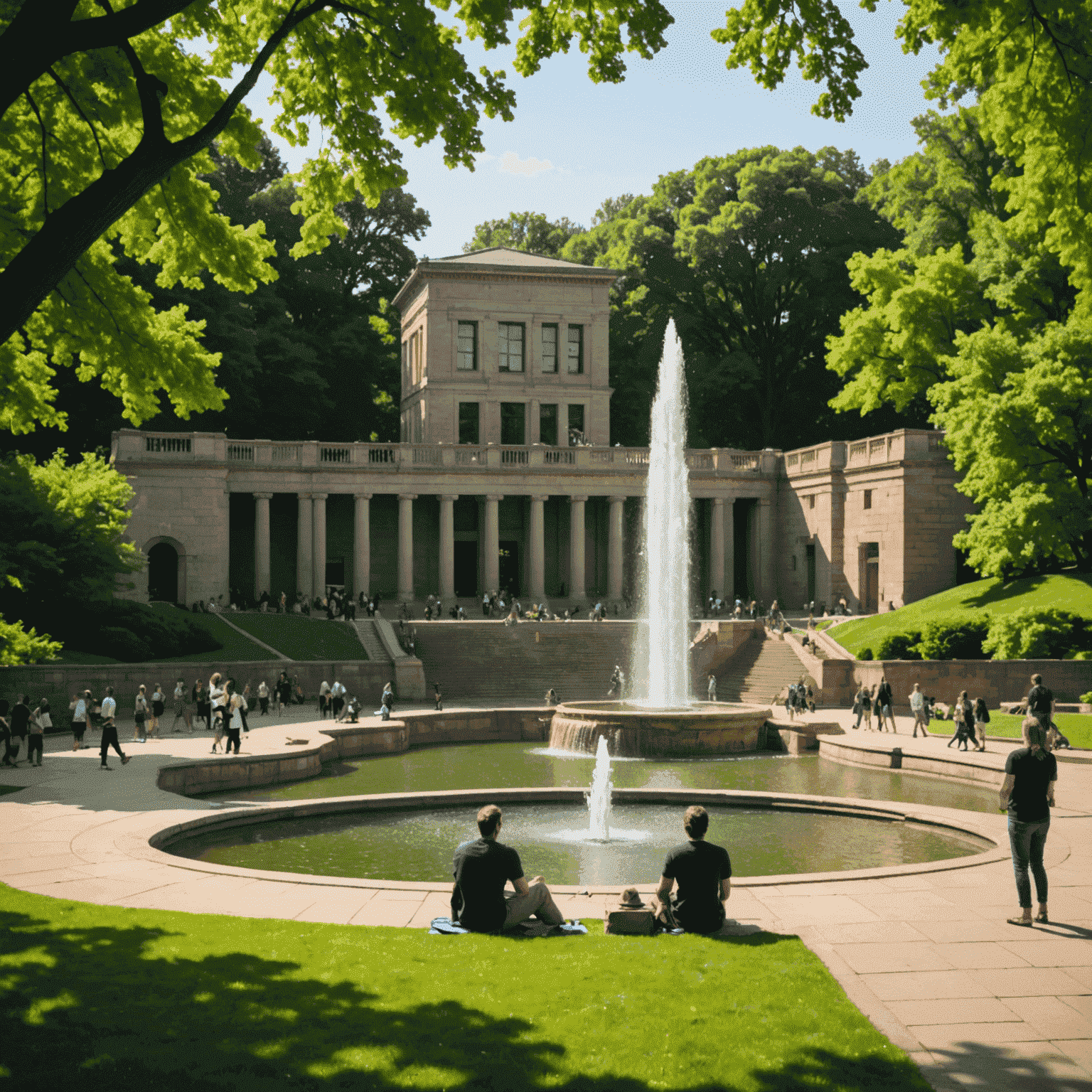 Cascading fountains and neoclassical architecture of Meridian Hill Park, with people relaxing on the grass