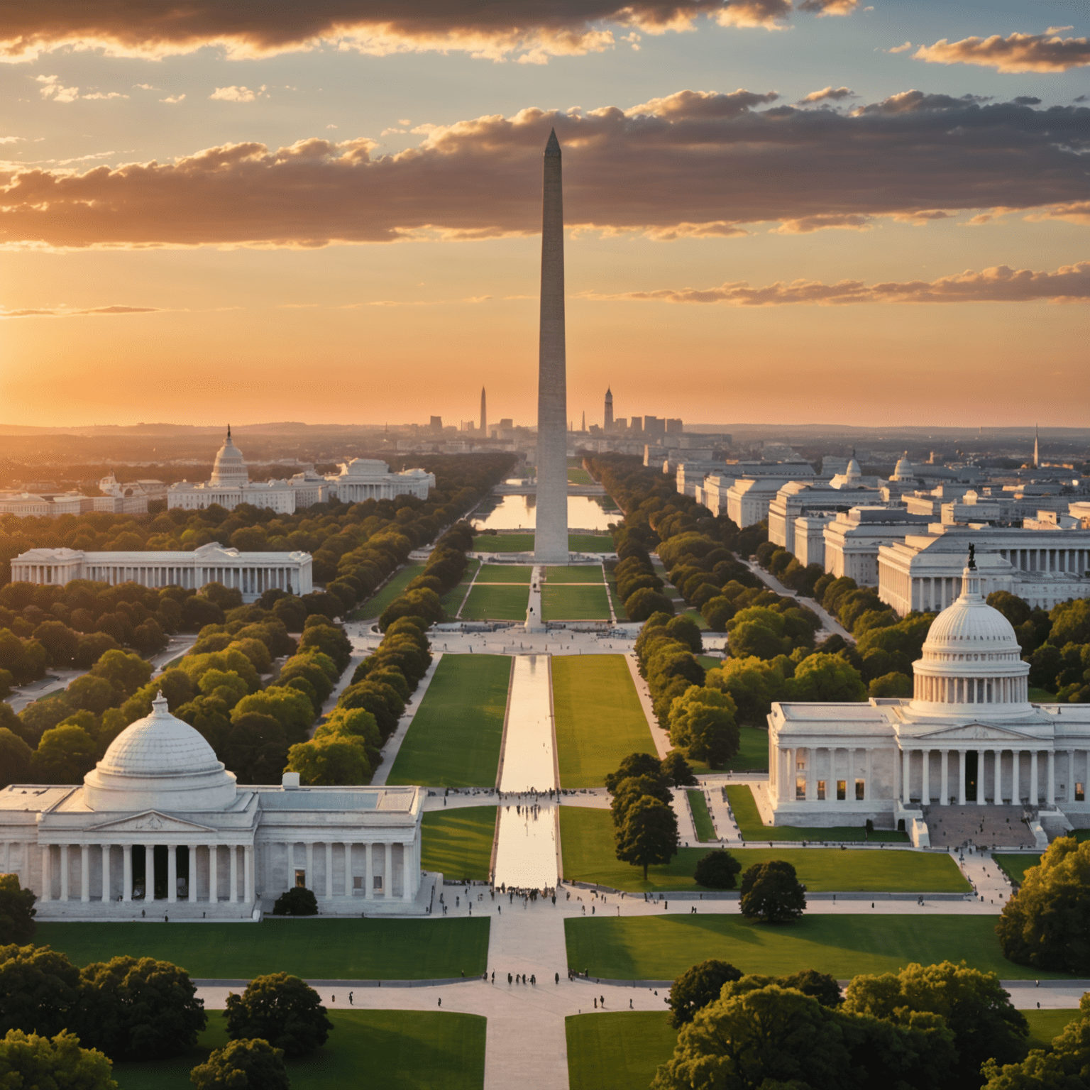 Panoramic view of Washington D.C. monuments including the Washington Monument, Lincoln Memorial, and Capitol Building at sunset