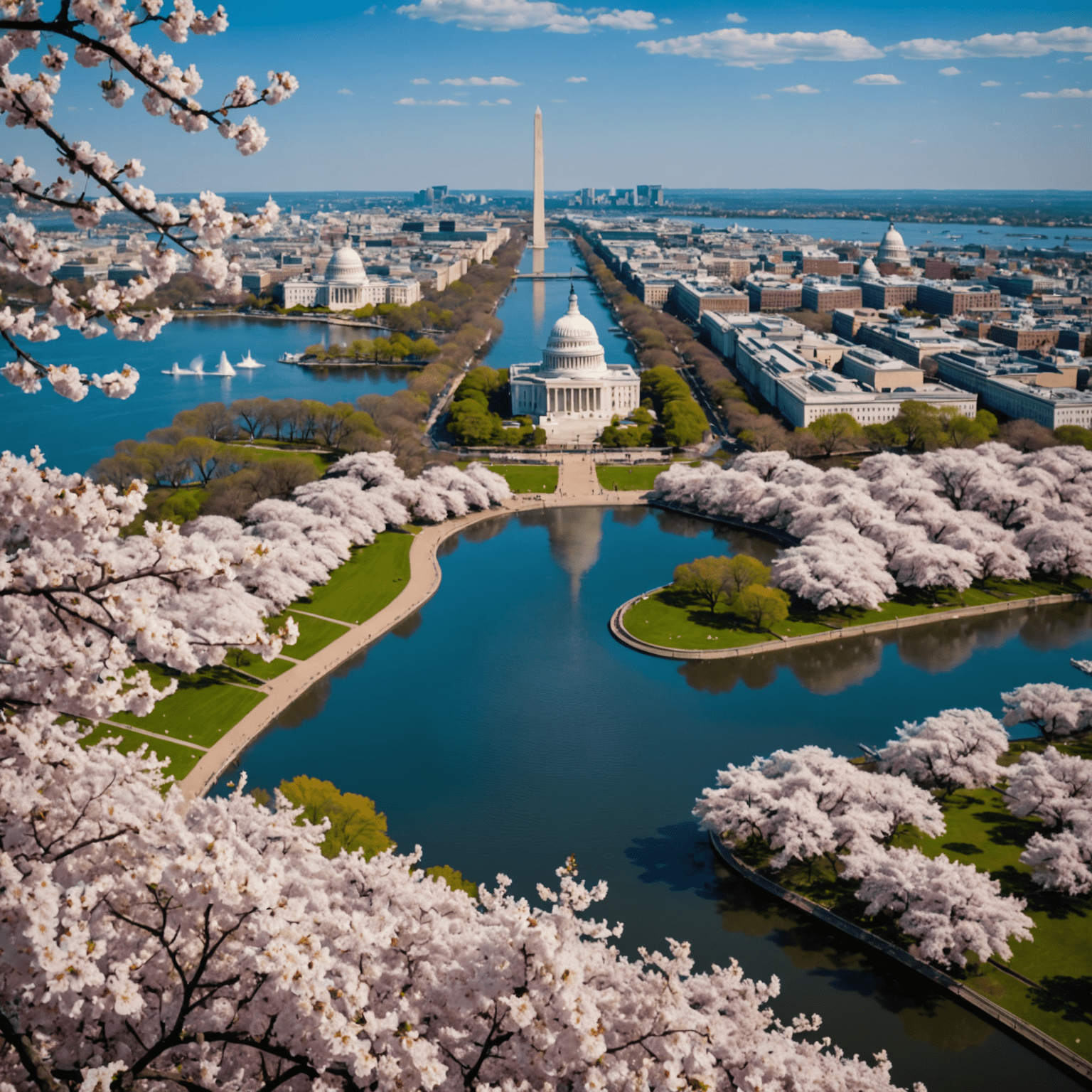 Aerial view of Washington, D.C. during cherry blossom season, with the Tidal Basin and monuments visible