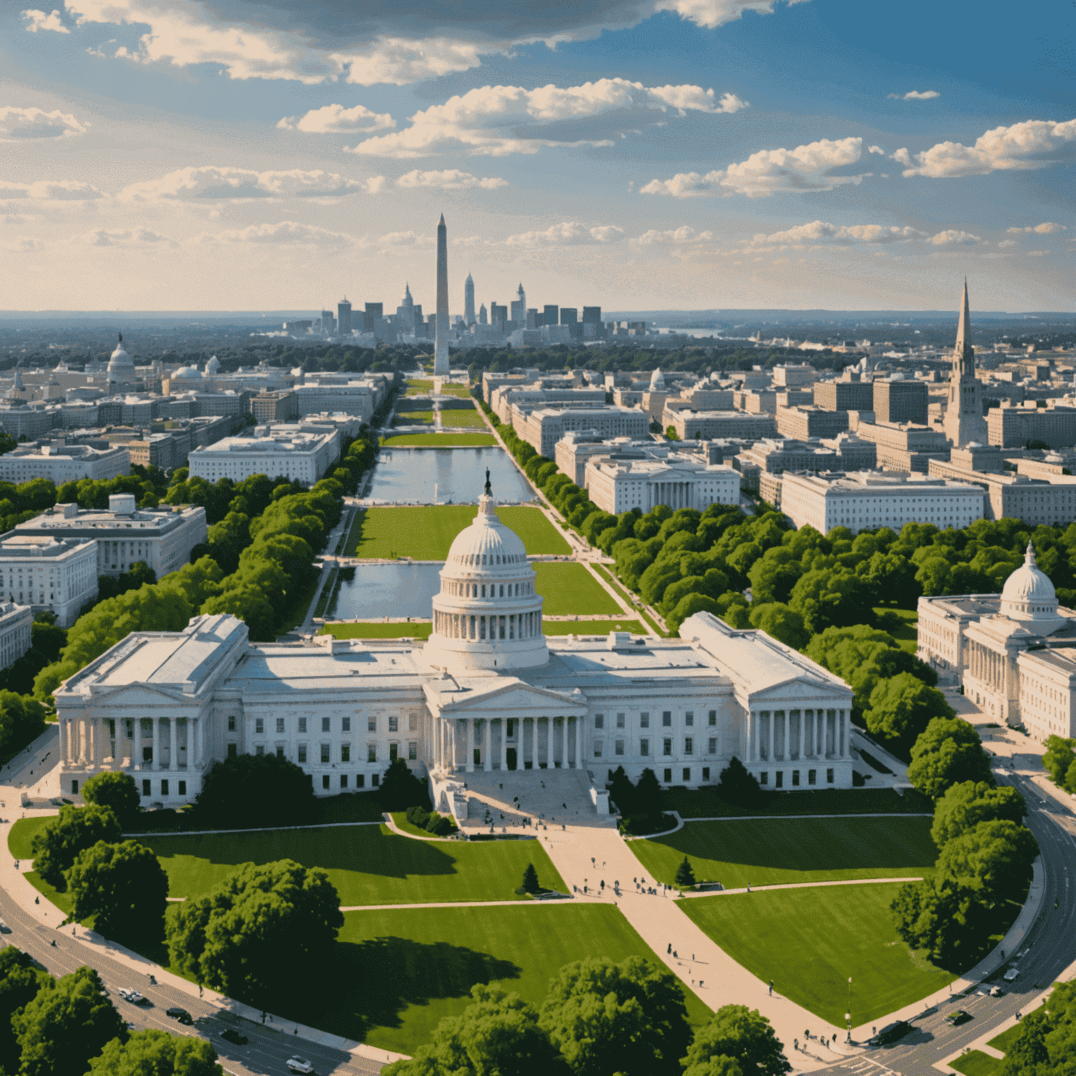 A panoramic view of Washington D.C. skyline featuring the Capitol building and various neighborhoods