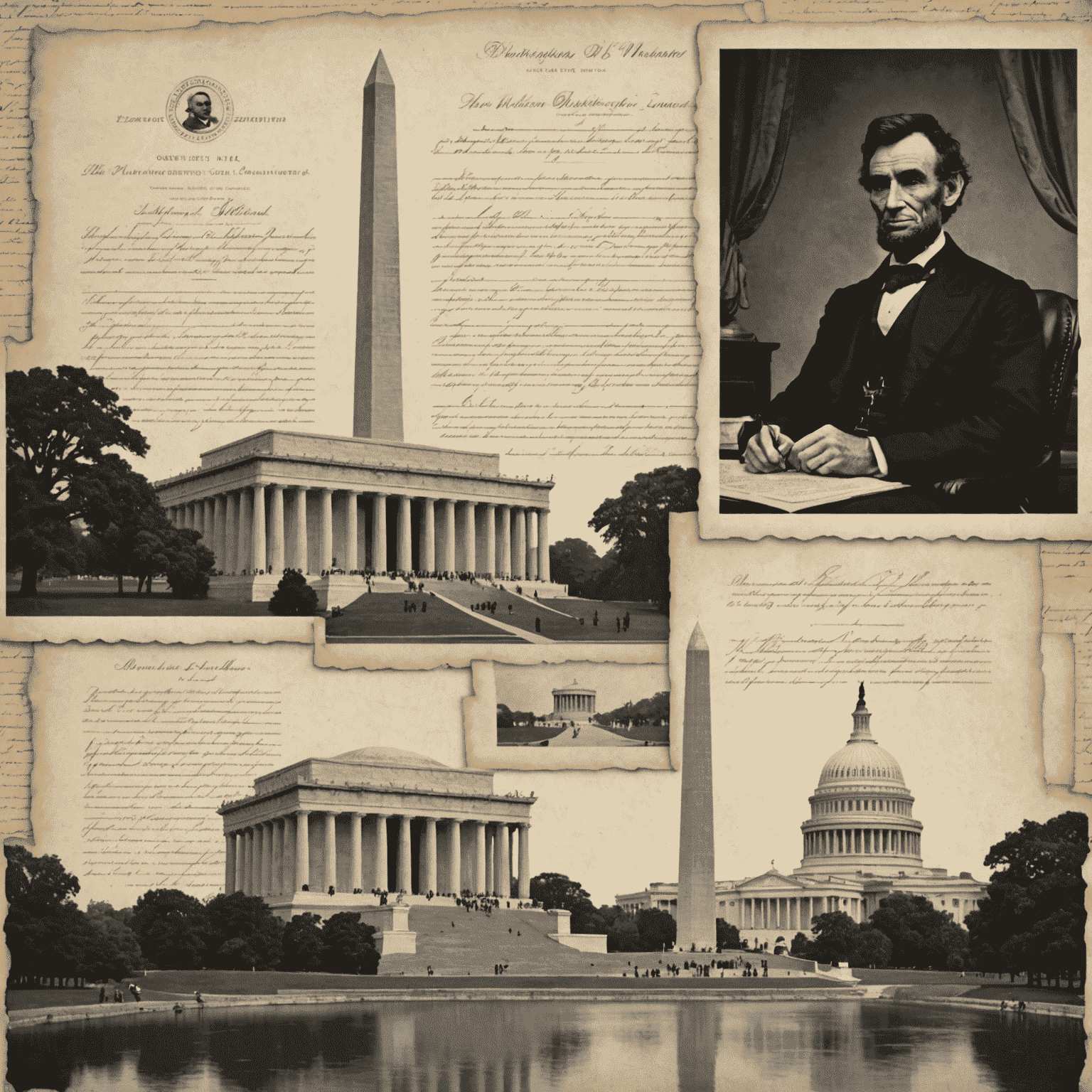 Montage of Washington D.C. monuments including the Lincoln Memorial, Washington Monument, and Jefferson Memorial with historical documents and figures in the background