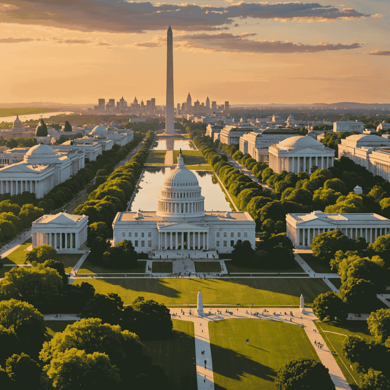 Panoramic view of Washington, D.C. monuments at sunset, including the Washington Monument, Lincoln Memorial, and Jefferson Memorial