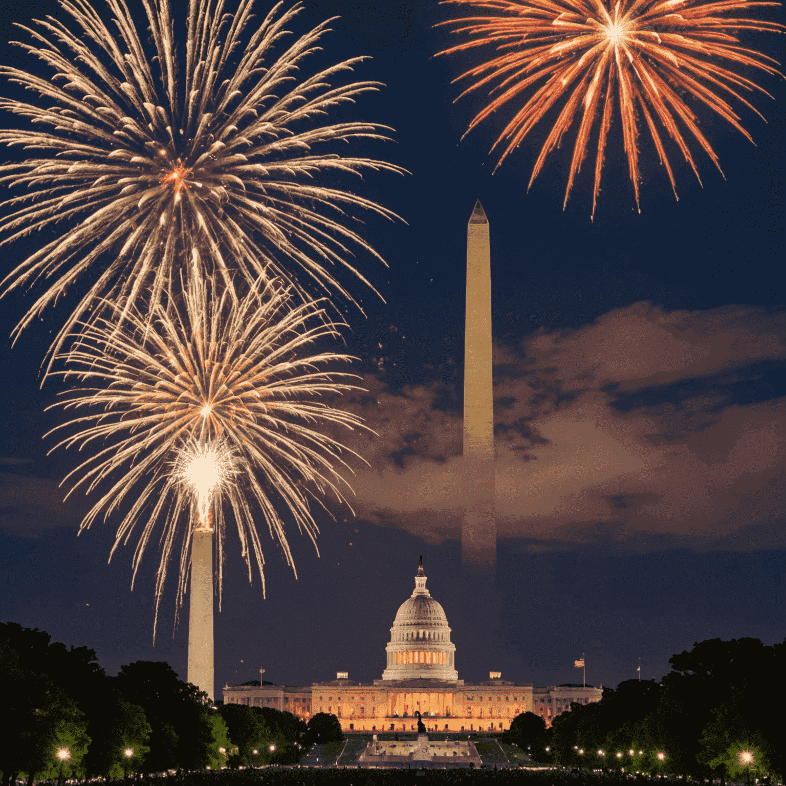 Fireworks display over the National Mall on July 4th, with the Washington Monument and Capitol building visible