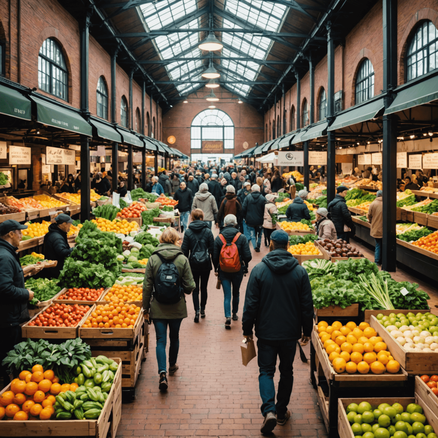 A bustling scene inside Eastern Market with vendors selling fresh produce and gourmet foods