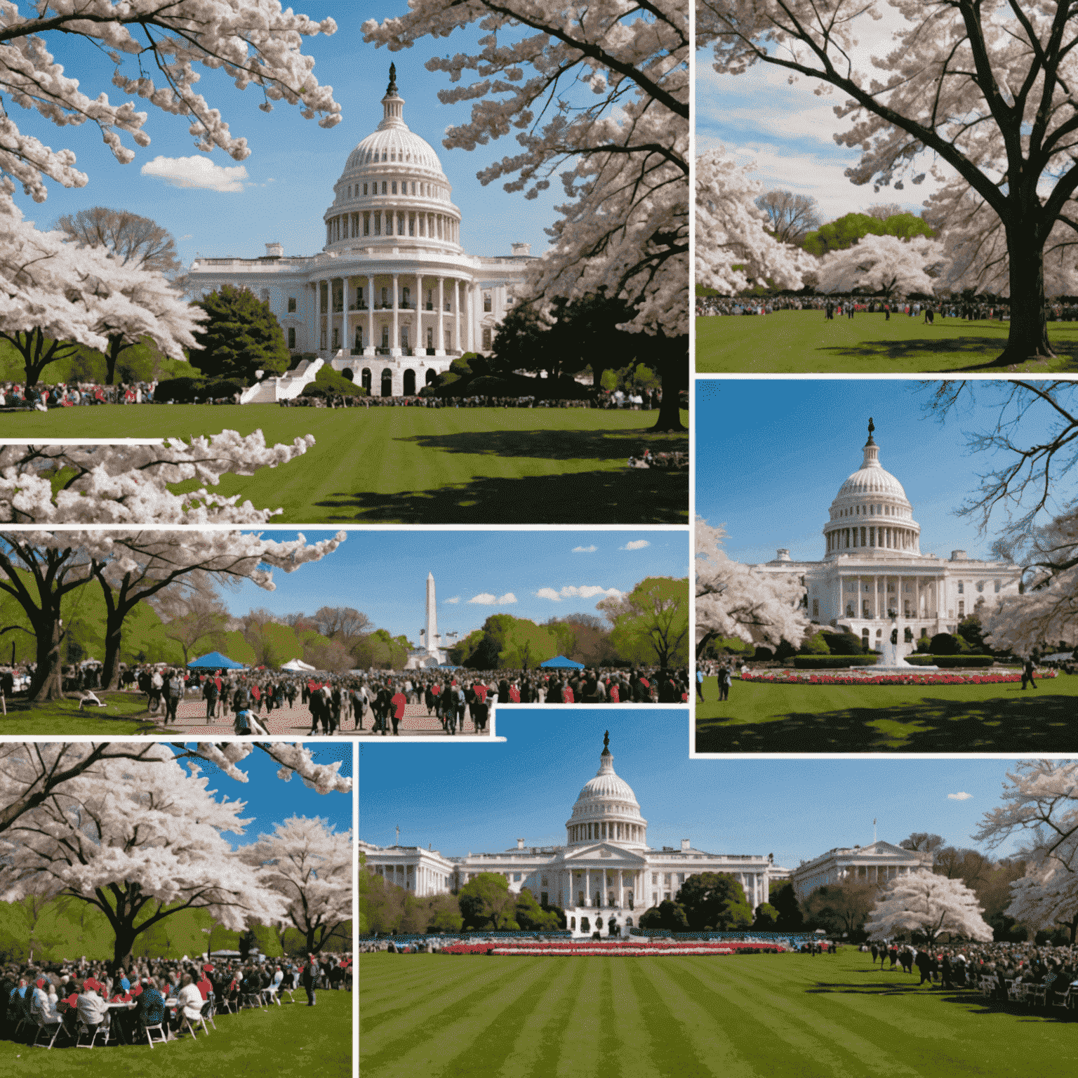 Collage of various Washington D.C. events throughout the year, including cherry blossom festival, Fourth of July celebration, fall foliage in Rock Creek Park, and holiday decorations at the White House