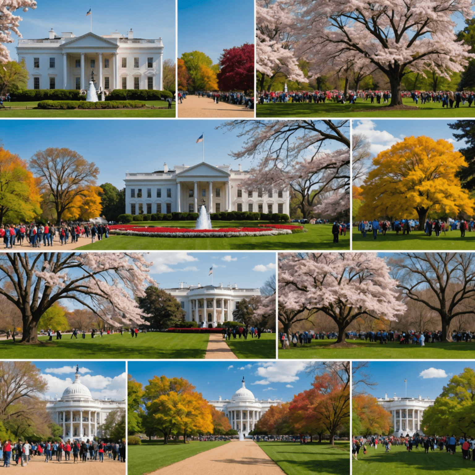 Collage of seasonal events in Washington, D.C. including cherry blossom festival, Fourth of July fireworks, fall foliage in Rock Creek Park, and holiday decorations at the White House