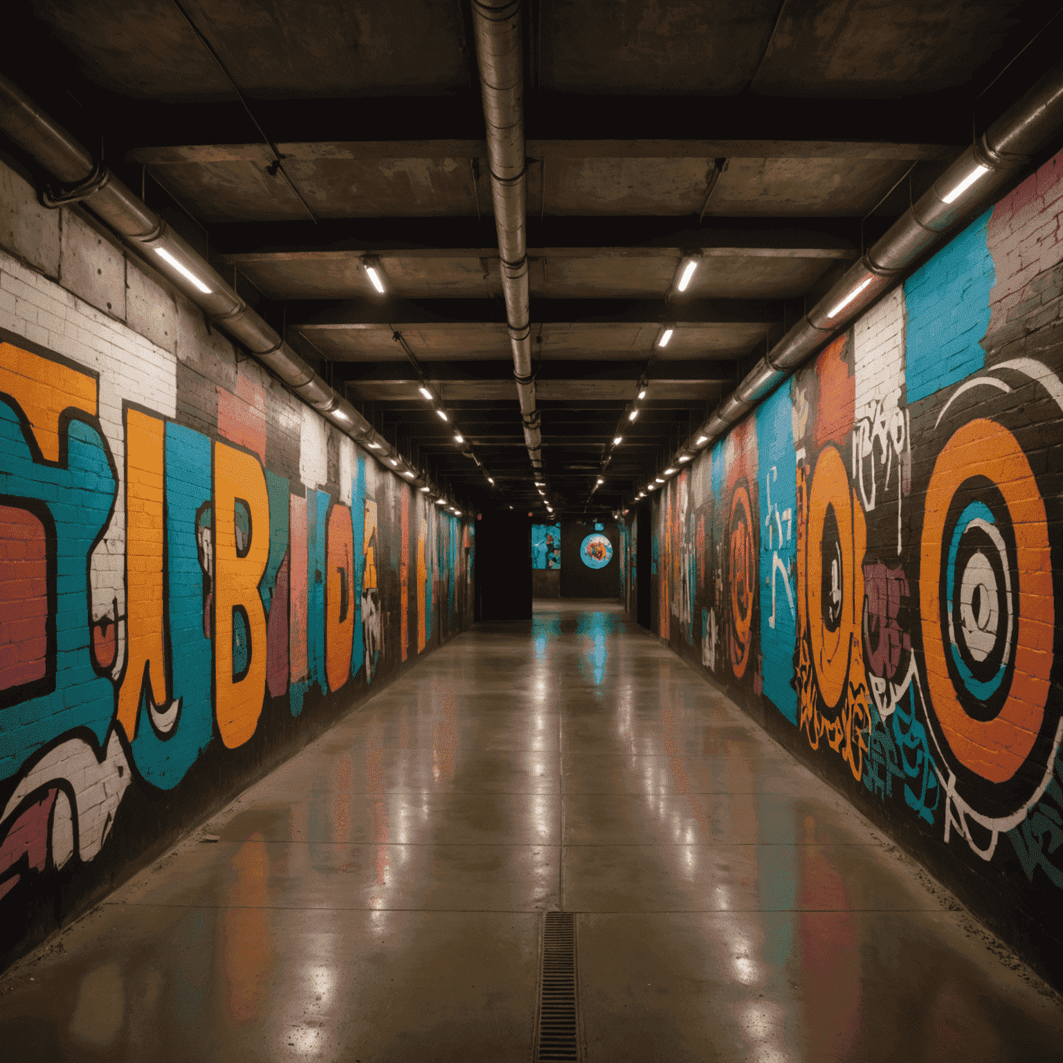 Art installation in the dimly lit tunnels of Dupont Underground, showcasing vibrant murals on concrete walls