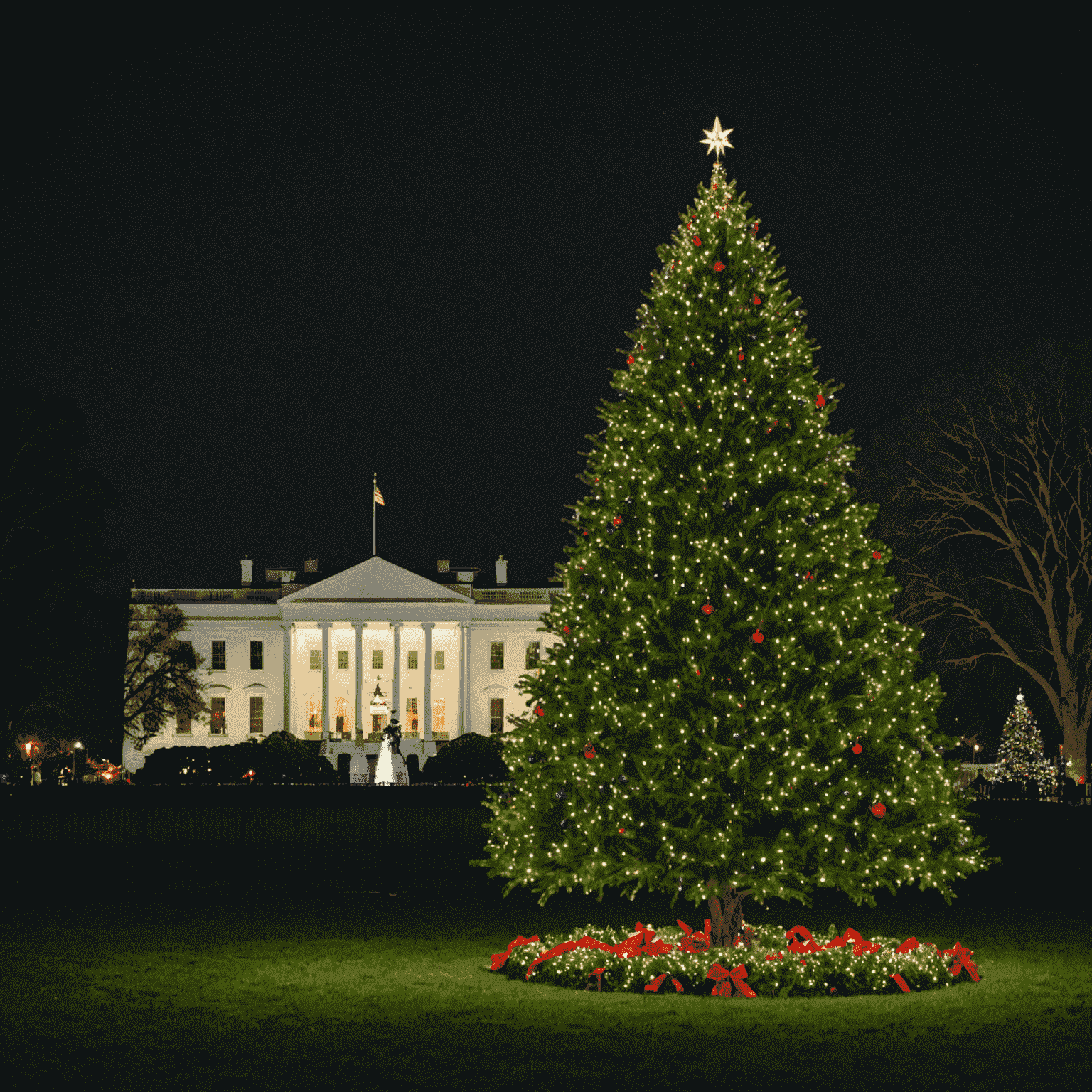 The National Christmas Tree lit up at night with the White House in the background