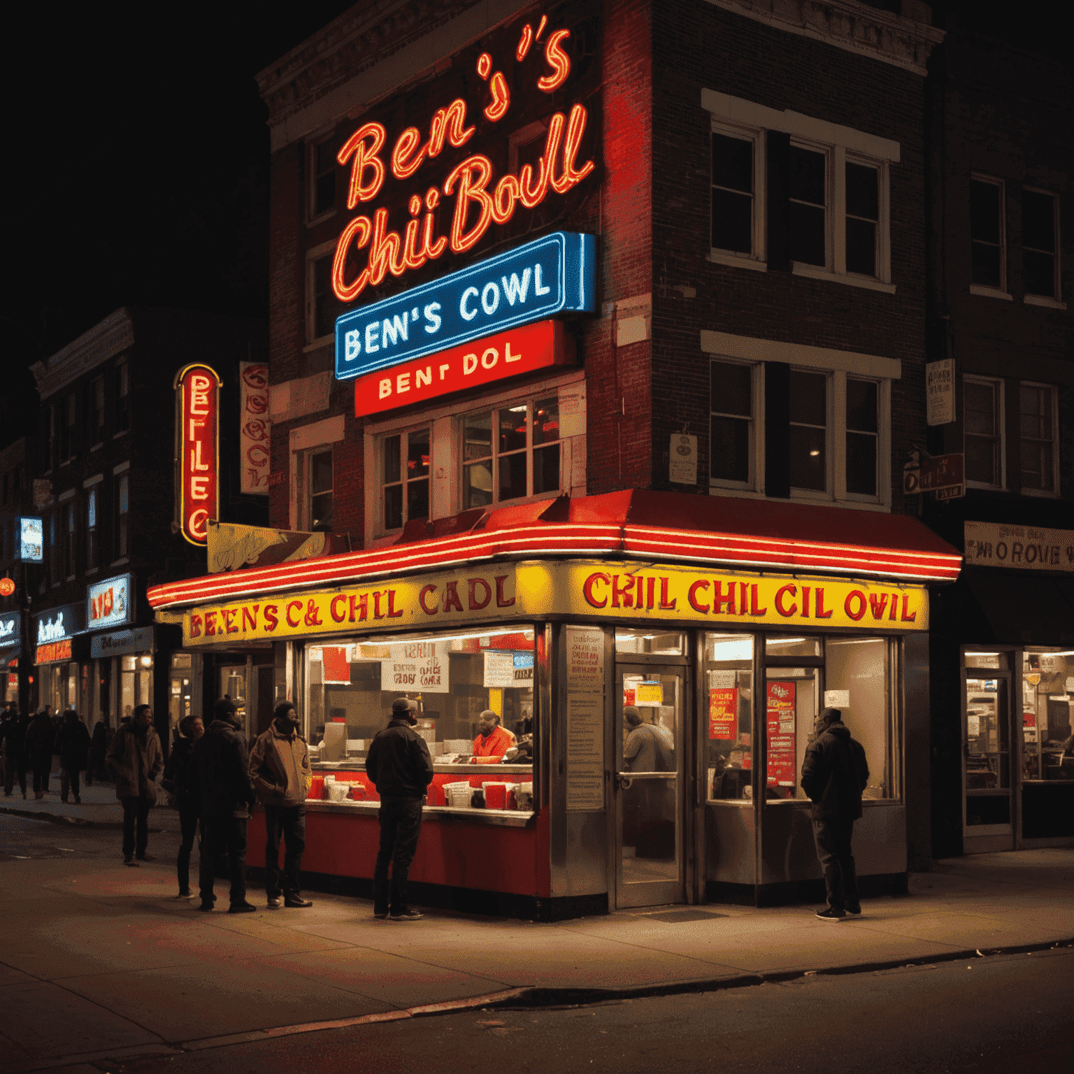 The iconic neon sign of Ben's Chili Bowl illuminated at night with a line of customers outside