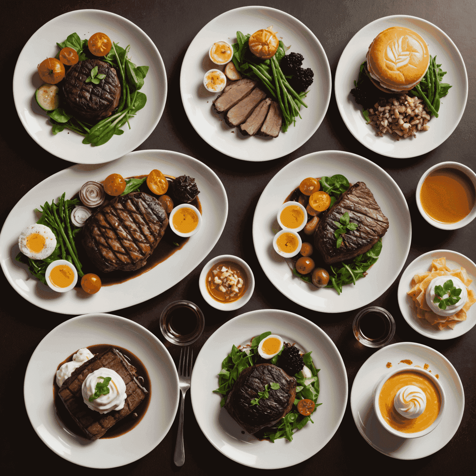 Montage of diverse dishes from Washington, D.C. restaurants, including a fancy Capitol Hill steak, Adams Morgan international cuisine, and Georgetown cupcakes