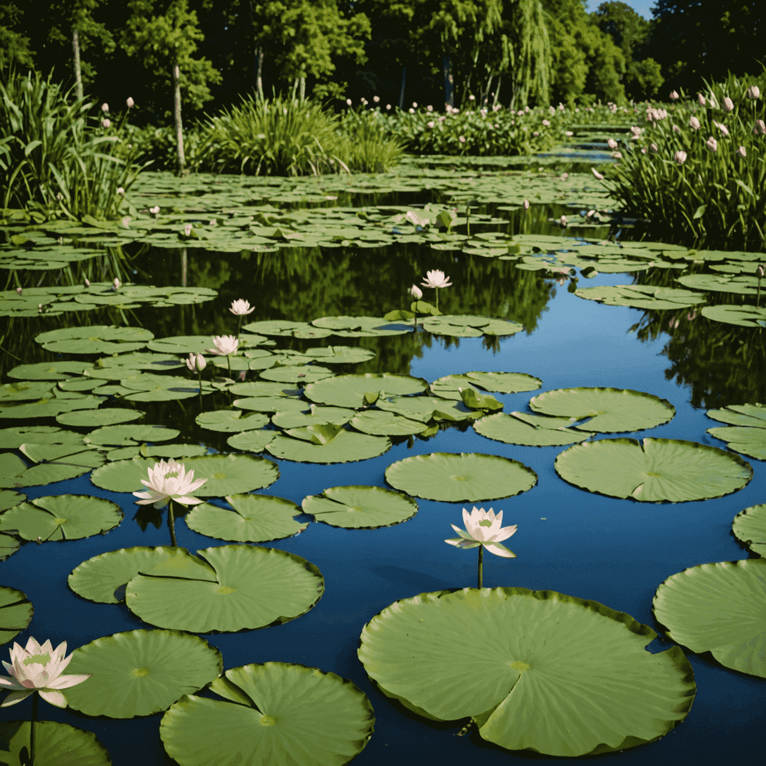 Blooming lotus flowers and water lilies in the ponds of Kenilworth Aquatic Gardens