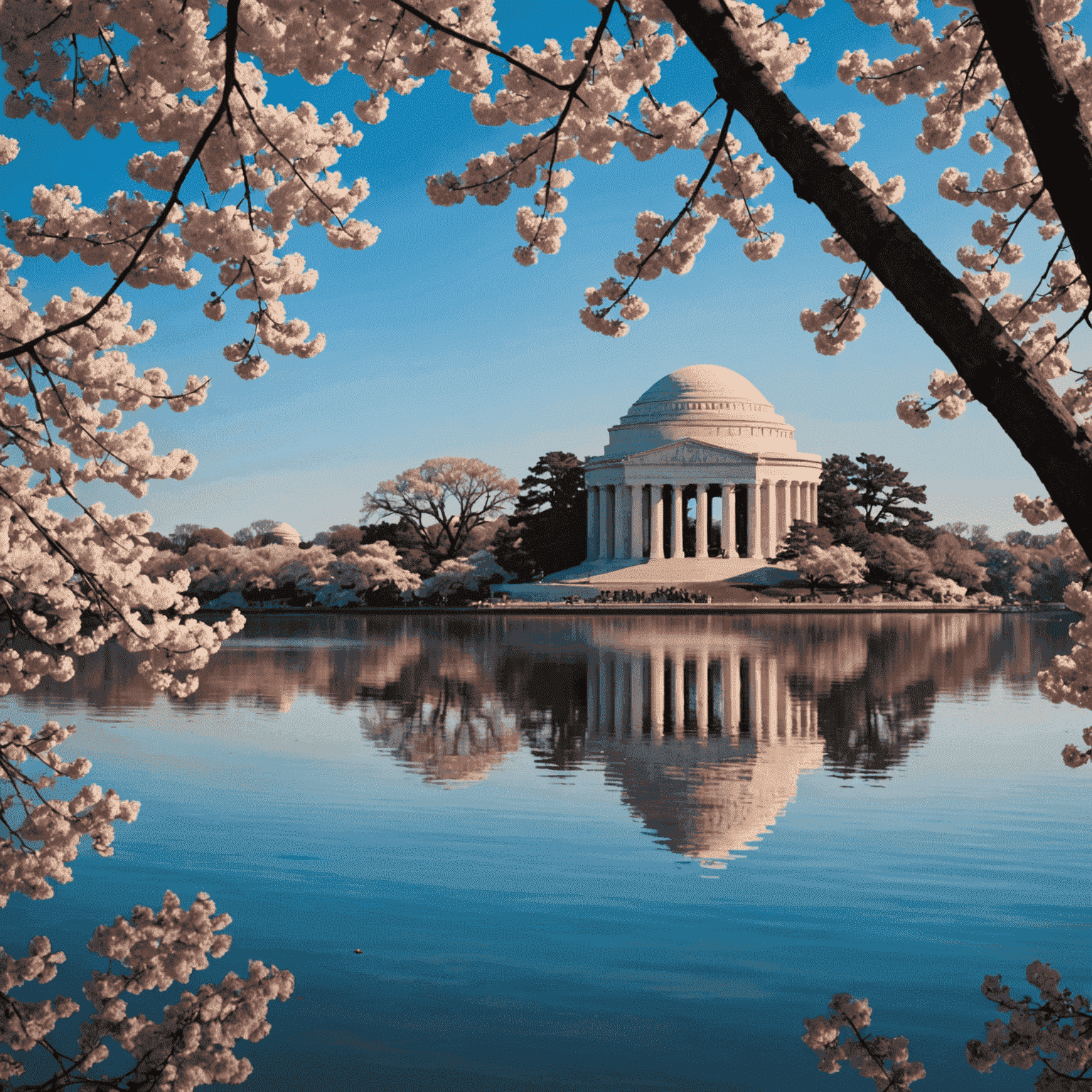 Jefferson Memorial reflected in the Tidal Basin during cherry blossom season