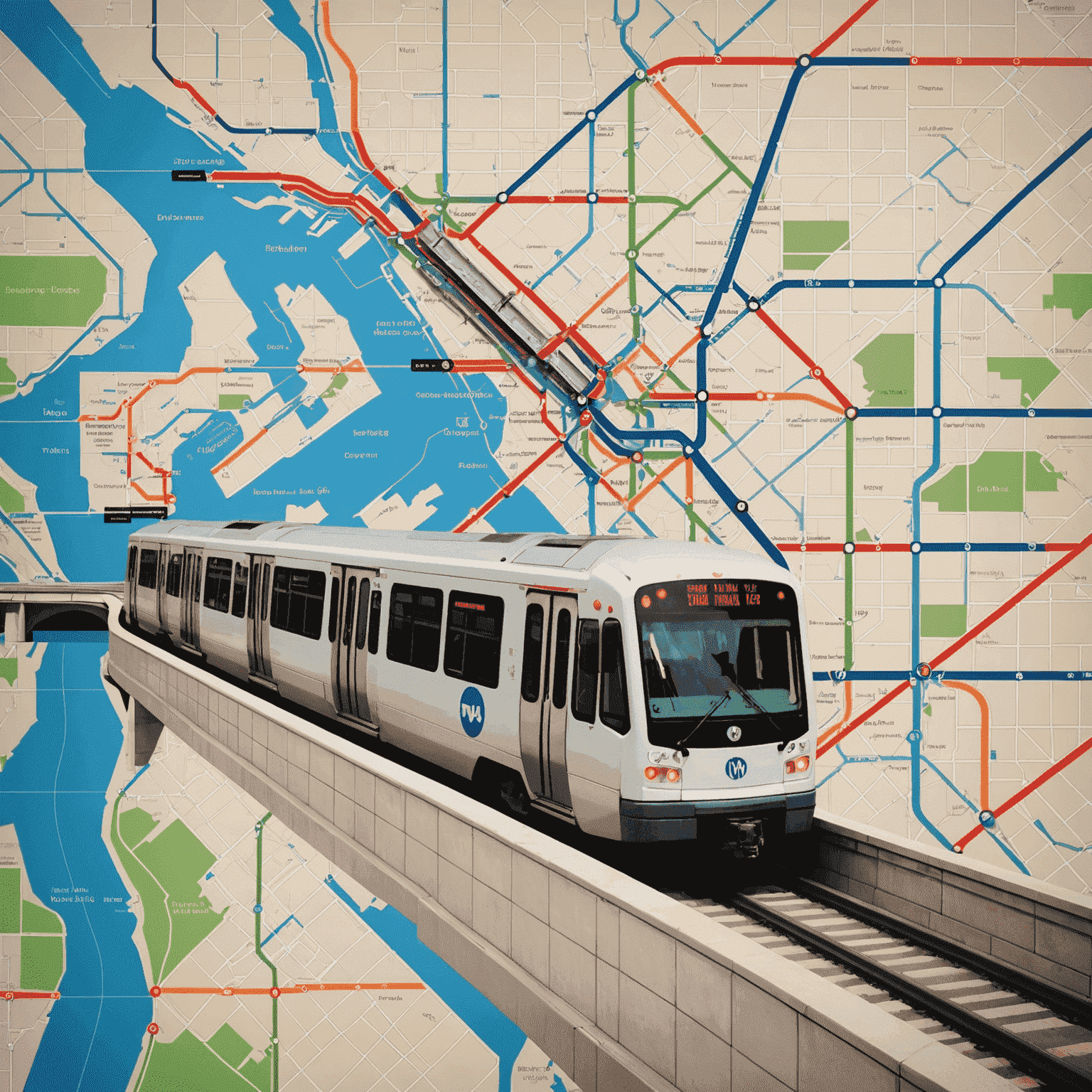 Composite image of Washington, D.C. public transportation, featuring a Metro train, bus, and a map of the transit system